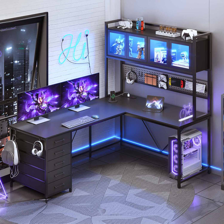 SEDETA 62 Inch L Shaped LED Gaming Desk Computer Desk with Power Outlet Storage Drawers Pegboard
