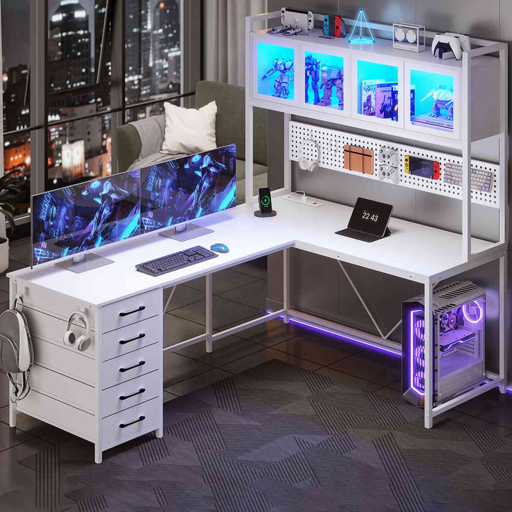 SEDETA 62 Inch L Shaped LED Gaming Desk Computer Desk with Power Outlet Storage Drawers Pegboard