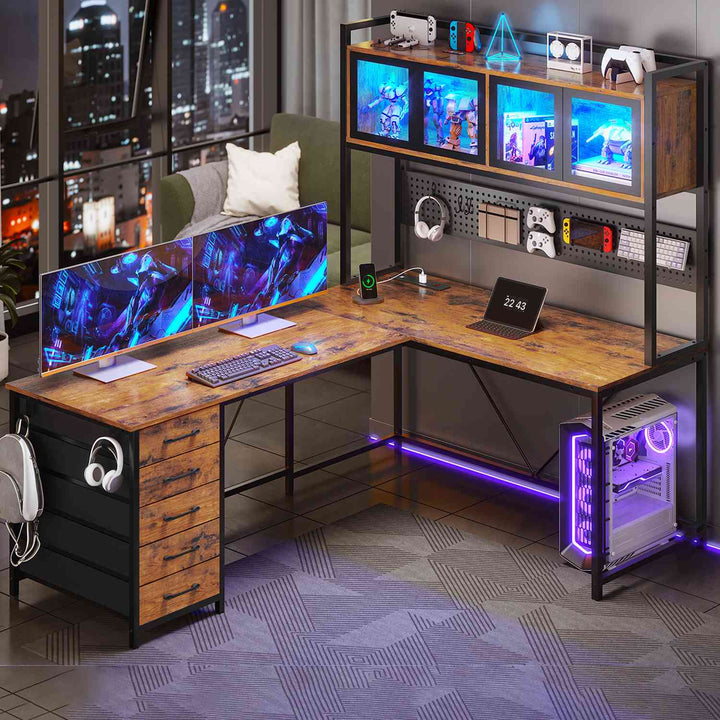 SEDETA 62 Inch L Shaped LED Gaming Desk Computer Desk with Power Outlet Storage Drawers Pegboard