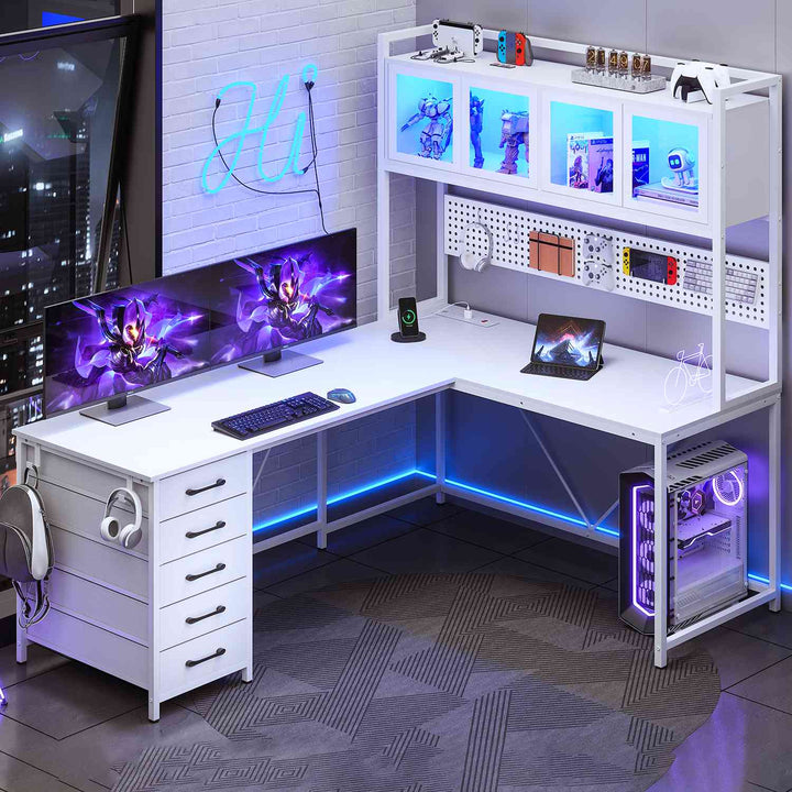 SEDETA 62 Inch L Shaped LED Gaming Desk Computer Desk with Power Outlet Storage Drawers Pegboard