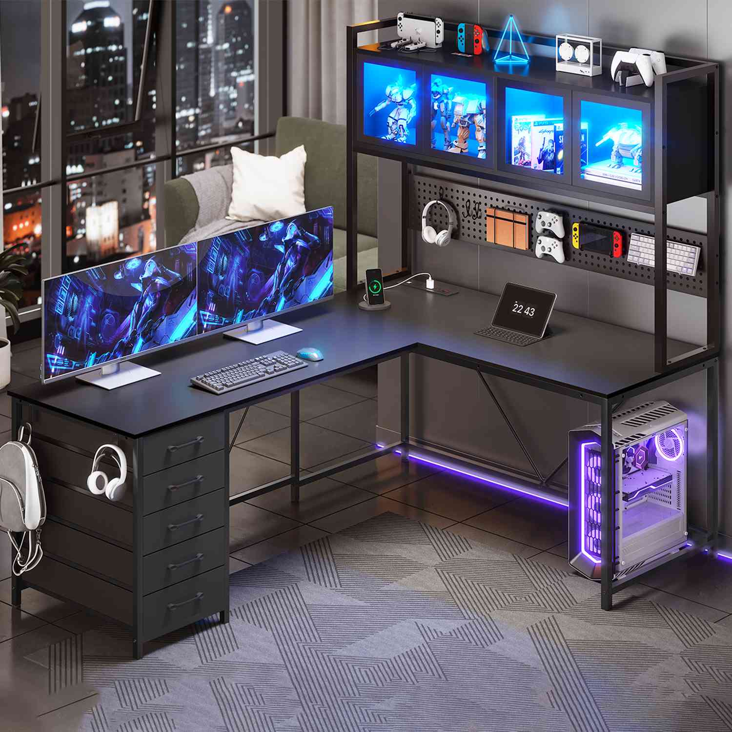 SEDETA 62 Inch L Shaped LED Gaming Desk Computer Desk with Power Outle