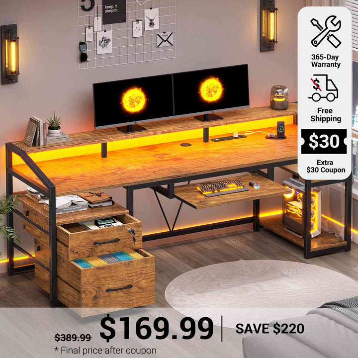 SEDETA 63 Inch Office Computer Desk LED Gaming Desk with Lock Drawers