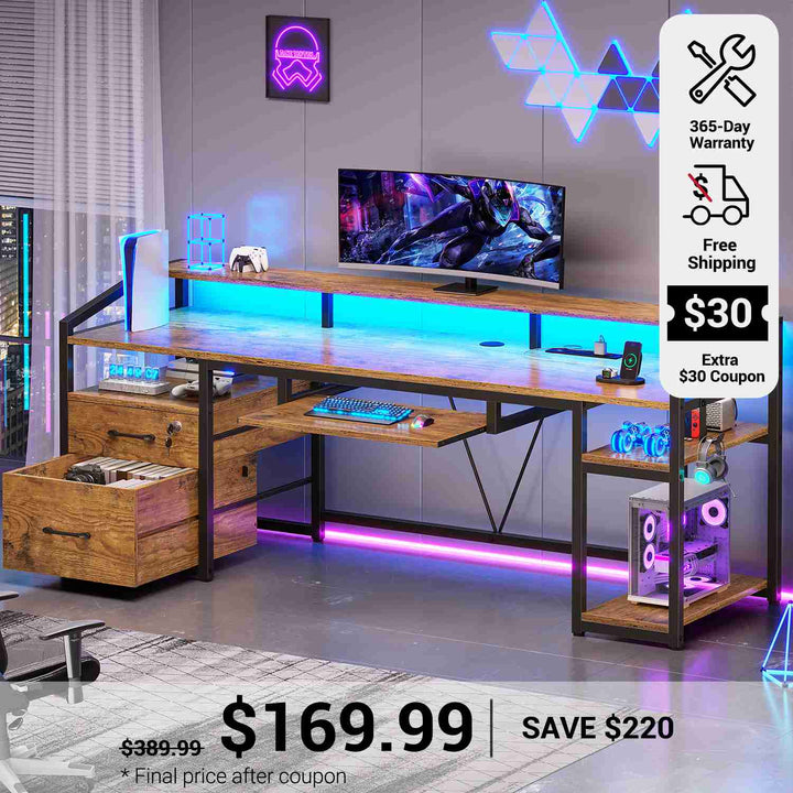 SEDETA 63 Inch Office Computer Desk LED Gaming Desk with Lock Drawers