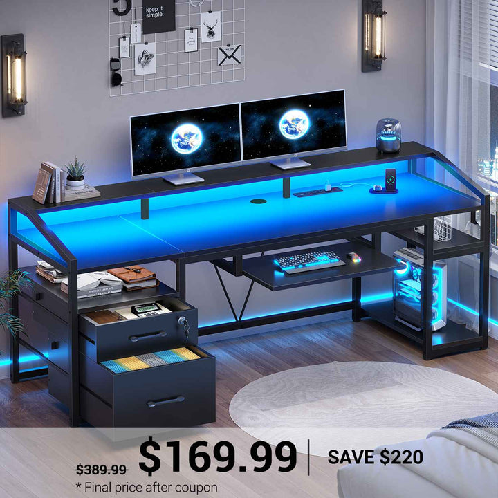 SEDETA 63 Inch Office Computer Desk LED Gaming Desk with Lock Drawers