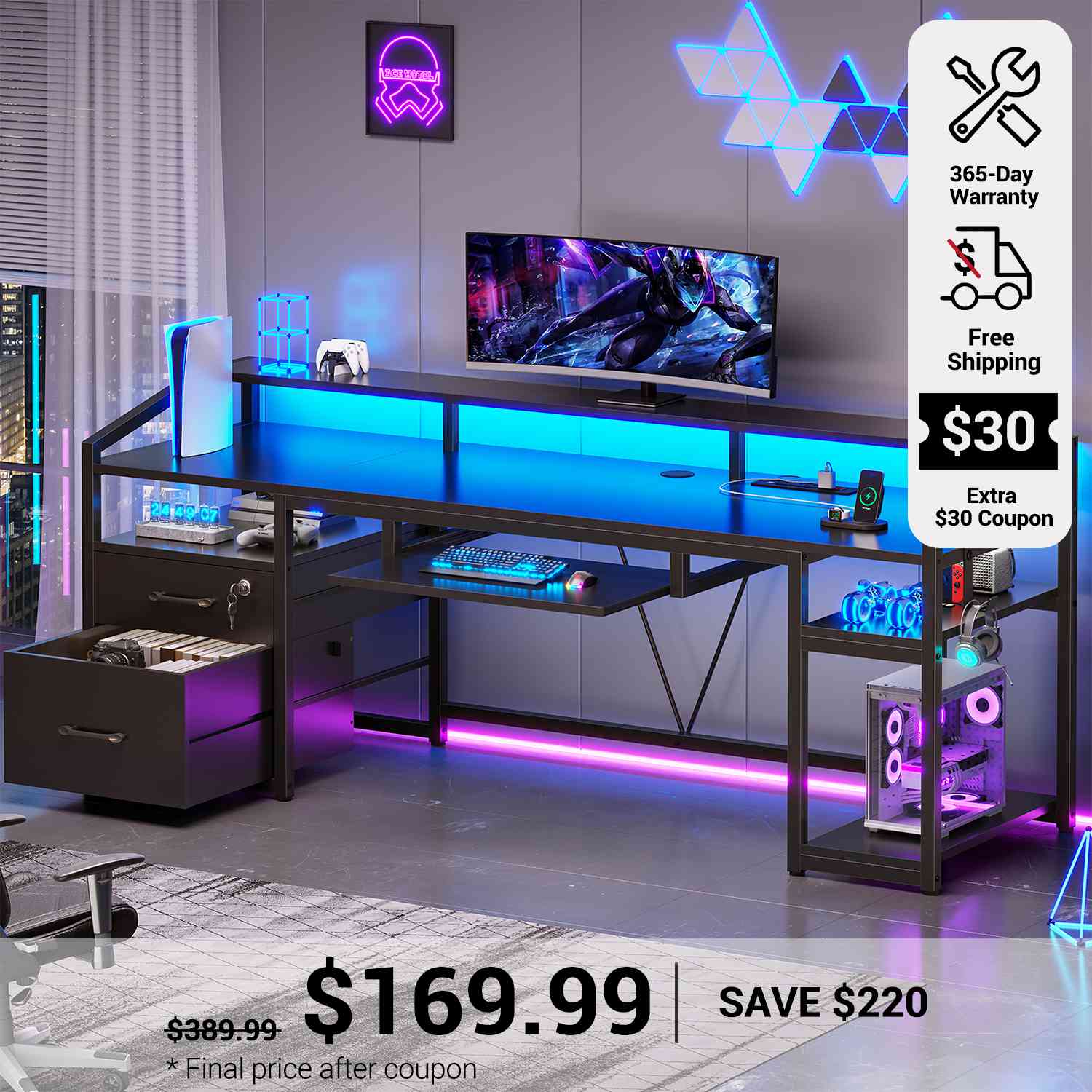 SEDETA 63 Inch Office Computer Desk LED Gaming Desk with Lock Drawers