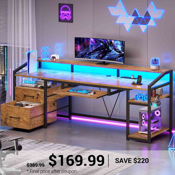 SEDETA 63 Inch Office Computer Desk LED Gaming Desk with Lock Drawers