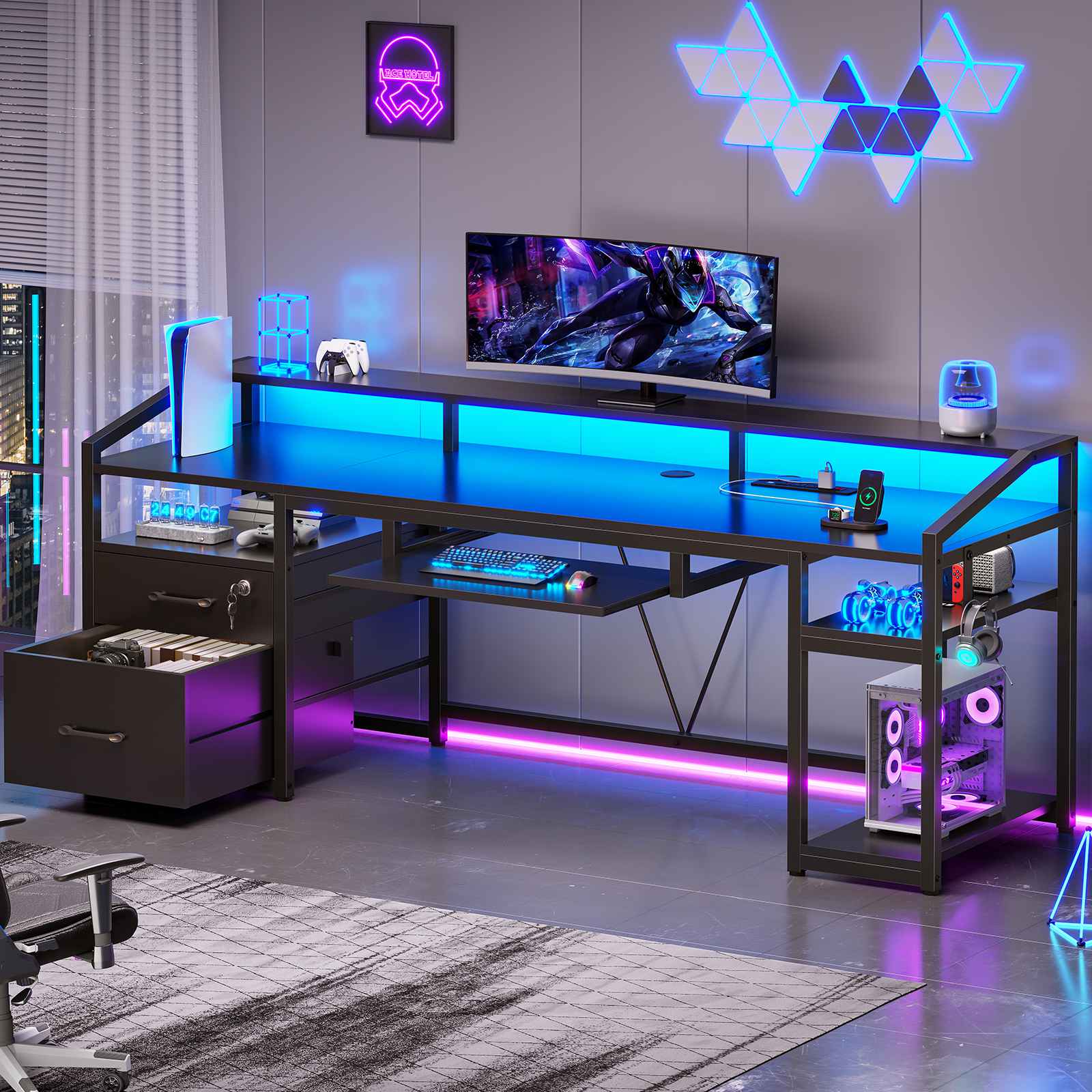 SEDETA 63 Inch Office Computer Desk LED Gaming Desk with Lock Drawers