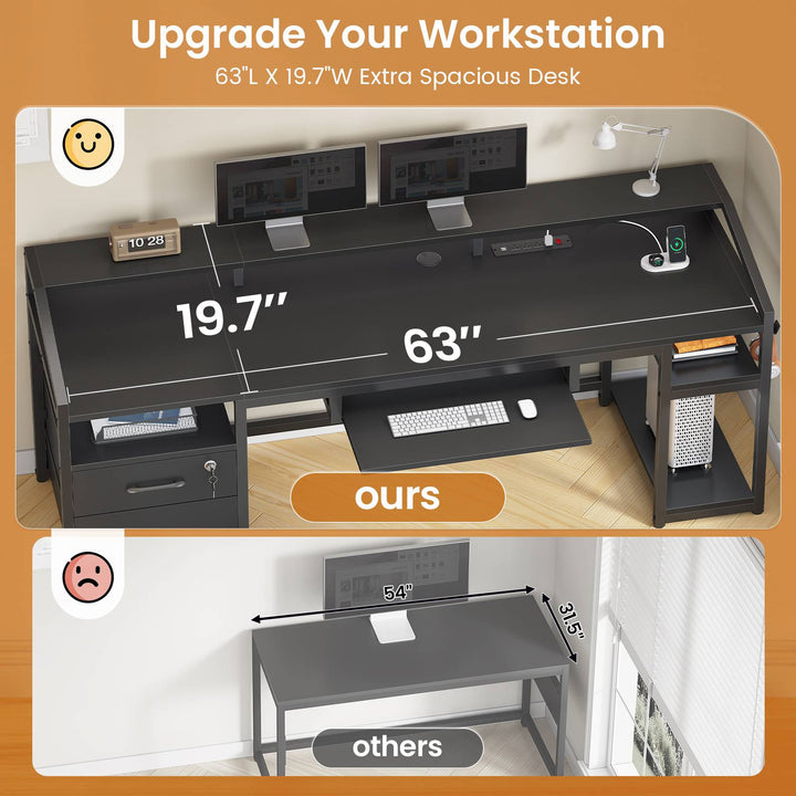 SEDETA 63 Inch Office Computer Desk LED Gaming Desk with Lock Drawers