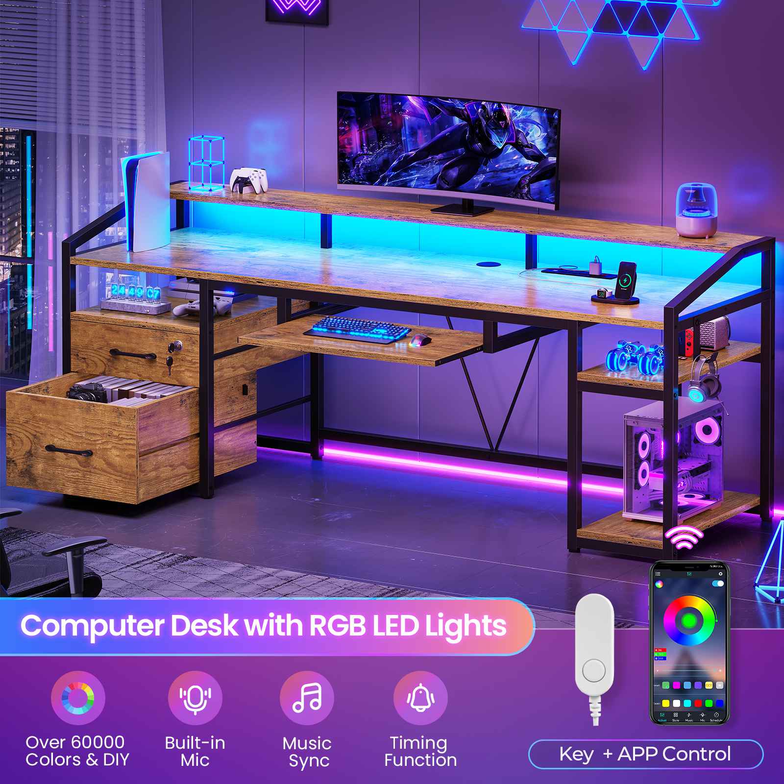 SEDETA® 63 Inch Ergonomic LED Gaming Desk Home Office Computer Table w