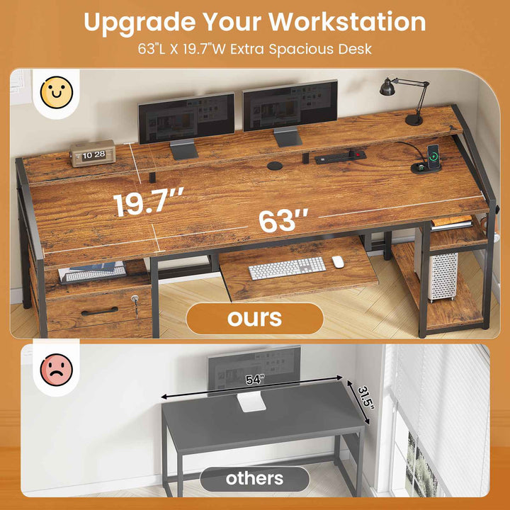 SEDETA 63 Inch Office Computer Desk LED Gaming Desk with Lock Drawers