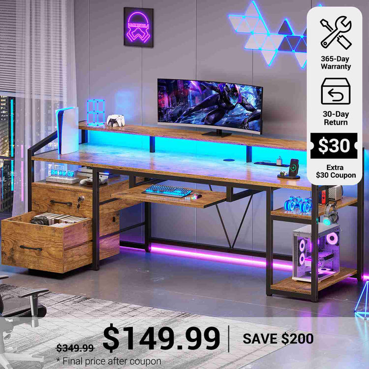 SEDETA® 63 Inch Ergonomic LED Gaming Desk Home Office Computer Table with Lock Drawers