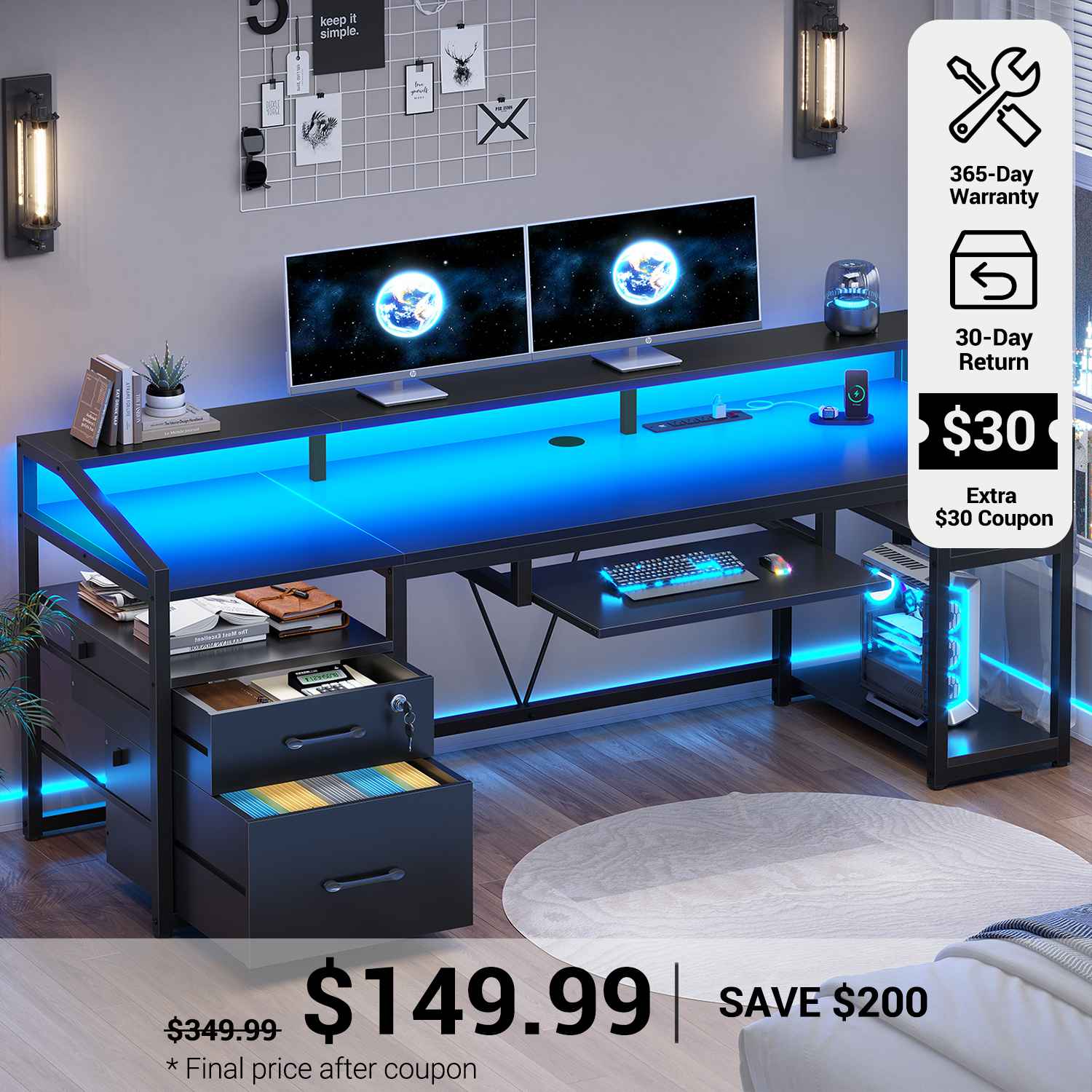 SEDETA® 63 Inch Ergonomic LED Gaming Desk Home Office Computer Table w