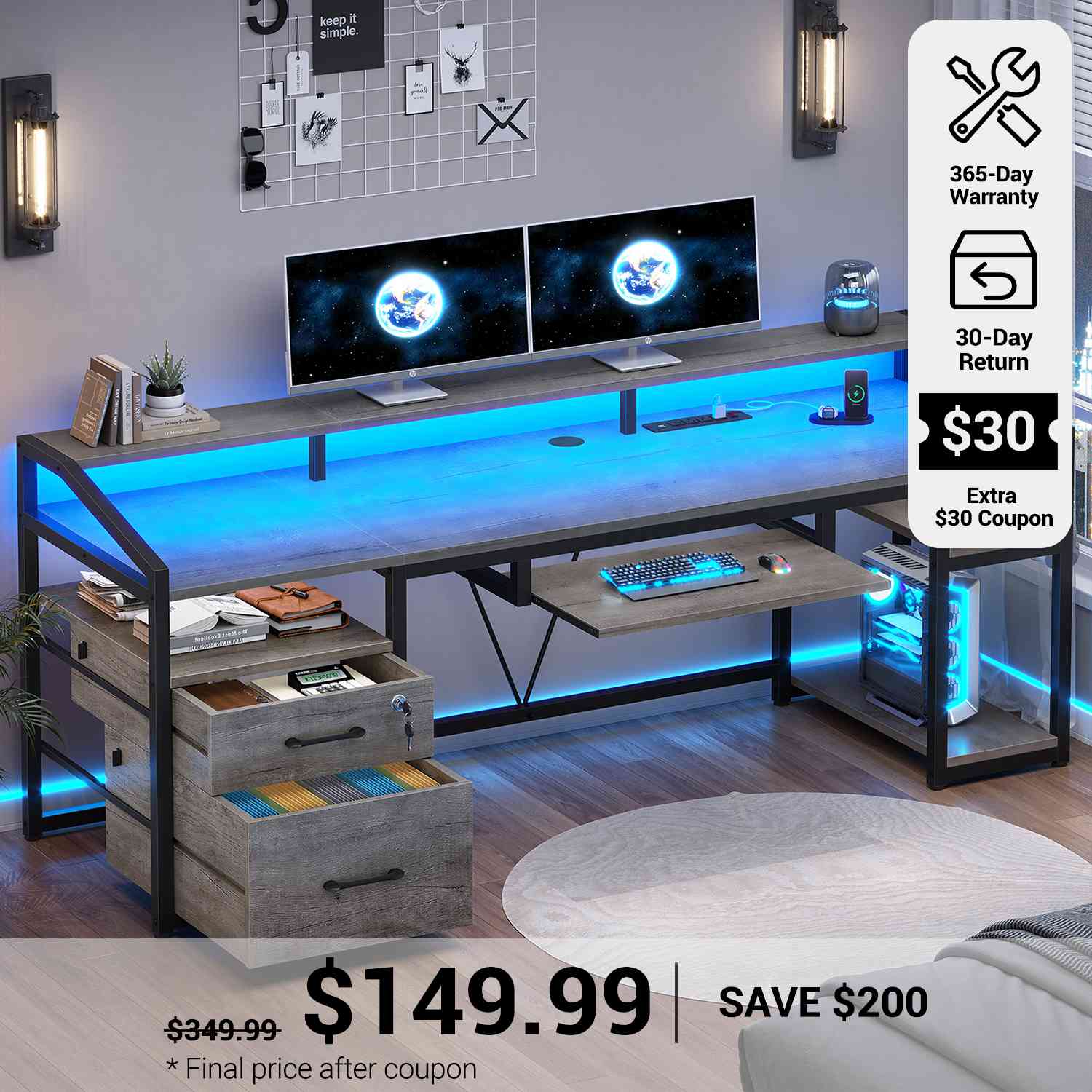 SEDETA® 63 Inch Ergonomic LED Gaming Desk Home Office Computer Table w