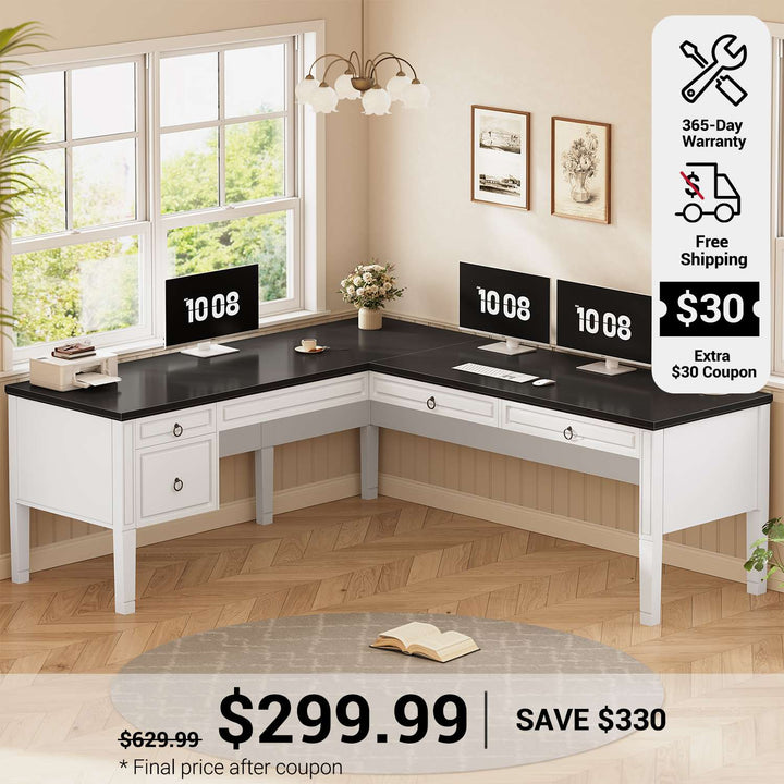 SEDETA 63 Inch Farmhouse Executive L Shaped Desk Home Office Computer Desk with 4 Drawers