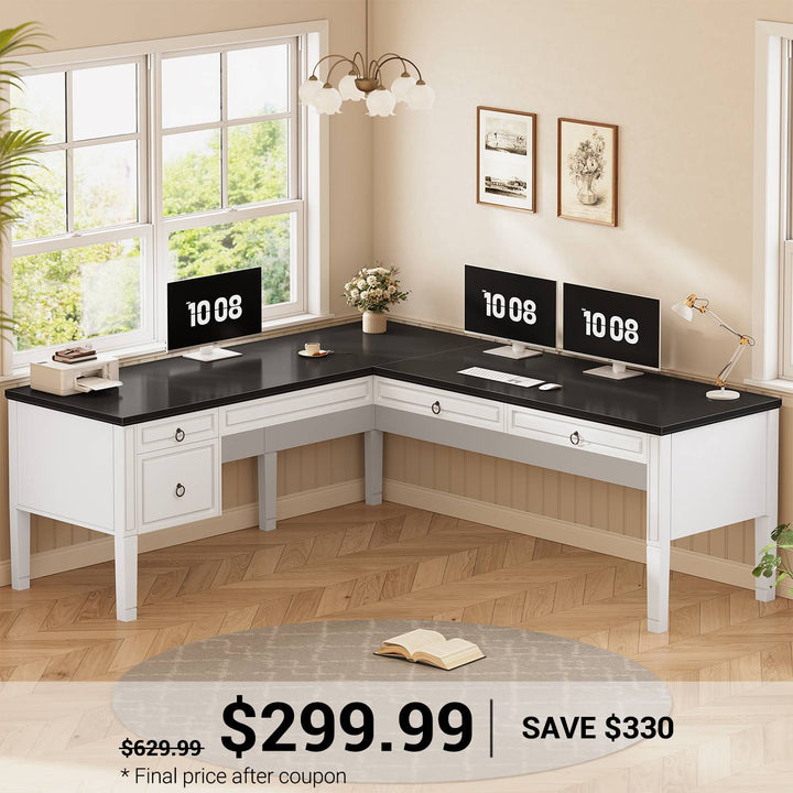 SEDETA 63 Inch Farmhouse Executive L Shaped Desk Home Office Computer Desk with 4 Drawers