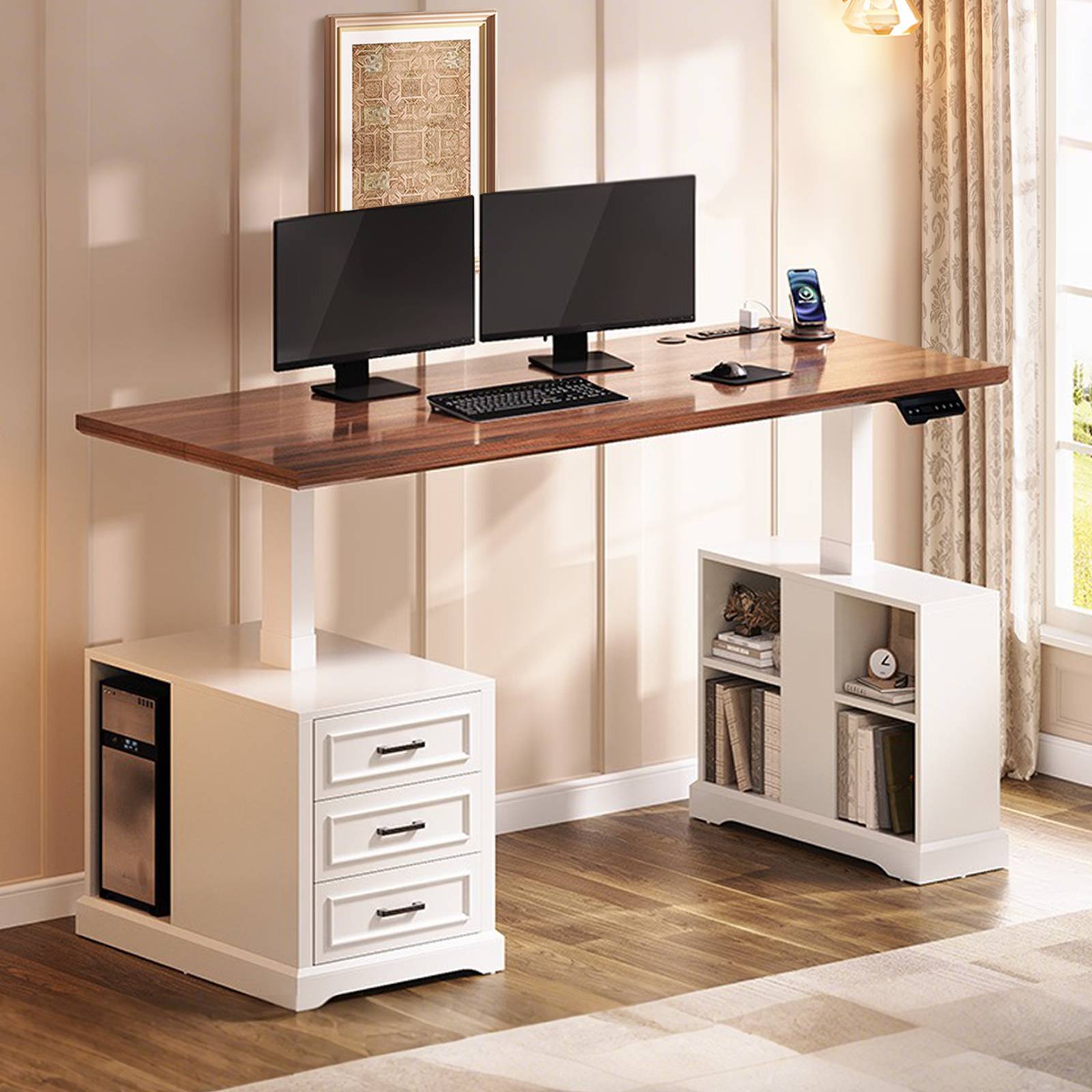 SEDETA 63 Inch Farmhouse Electric Standing Desk with 3 Drawers Storage