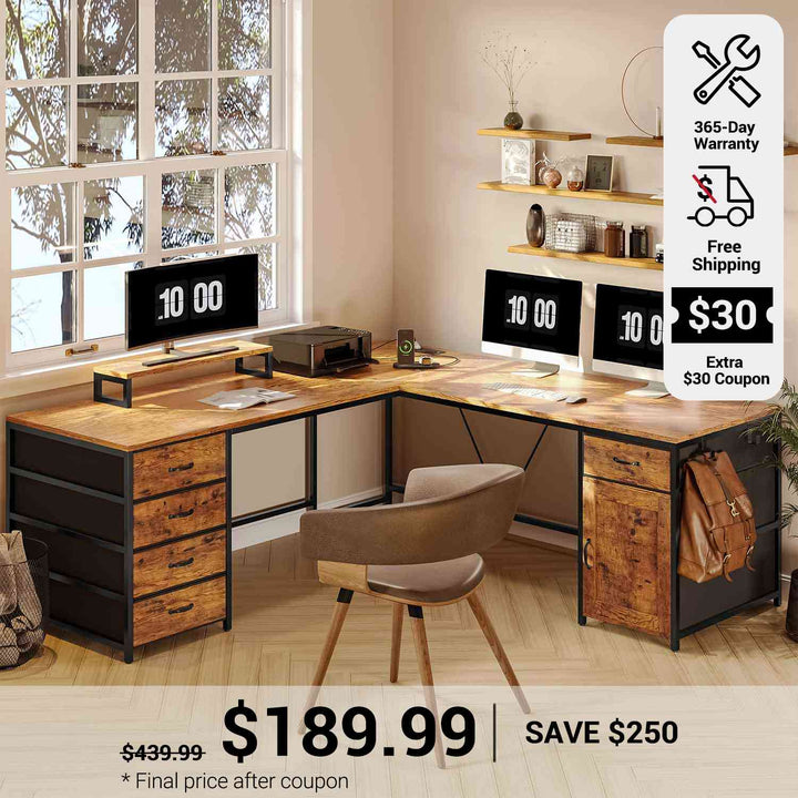 SEDETA 63 Inch L Shaped Computer Desk with Drawers and Power Outlet
