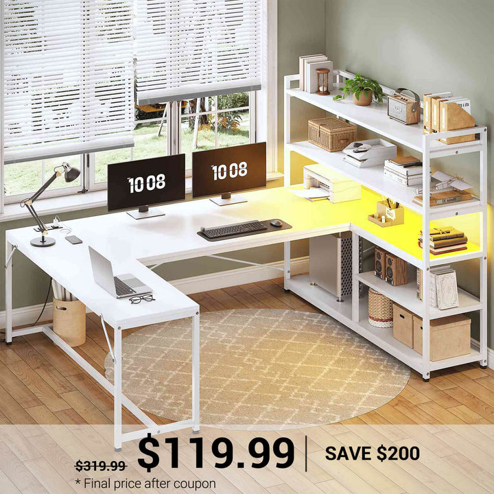 SEDETA | 63 Inch Reversible Corner Computer Desk L Shaped LED Gaming Desk with Storage Shelves and Power Outlet