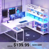 SEDETA 63 Inch Reversible Office Computer Desk L Shaped Gaming Desk with LED Lights Power Outlet 5-tier Storage Shelves