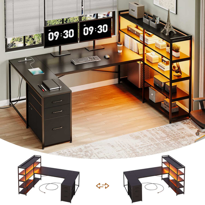 SEDETA® 64.5 Inch Reversible L Shaped Gaming Desk U Shaped Computer Desk with Power Outlet LED Lights and Storage Shelves
