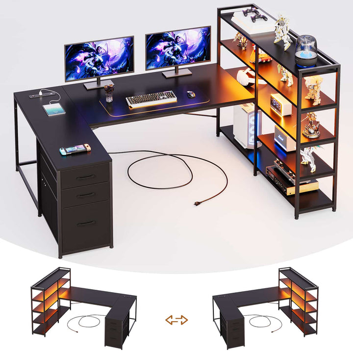 SEDETA® 64.5 Inch Reversible L Shaped Gaming Desk U Shaped Computer Desk with Power Outlet LED Lights and Storage Shelves
