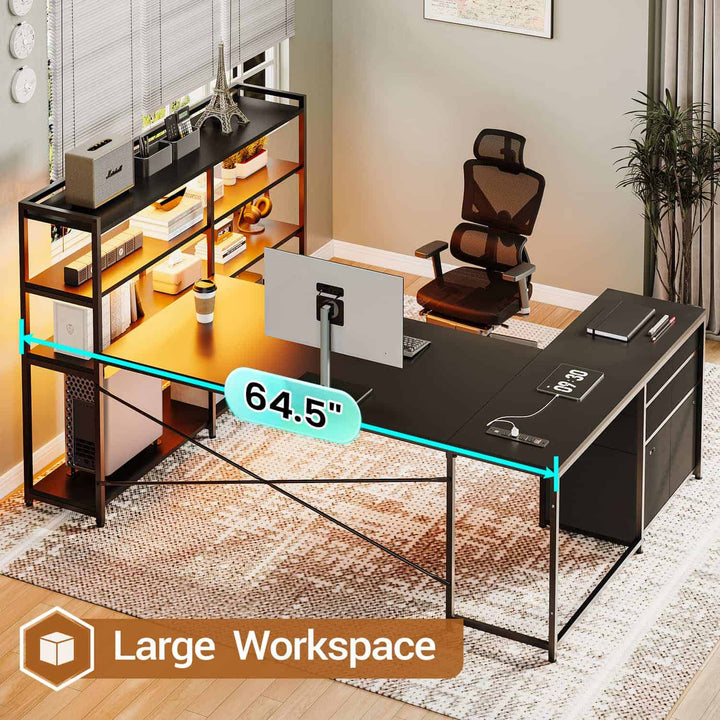 SEDETA® 64.5 Inch Reversible L Shaped Gaming Desk U Shaped Computer Desk with Power Outlet LED Lights and Storage Shelves