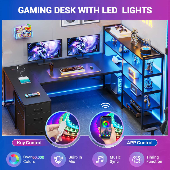 SEDETA® 64.5 Inch Reversible L Shaped Gaming Desk U Shaped Computer Desk with Power Outlet LED Lights and Storage Shelves