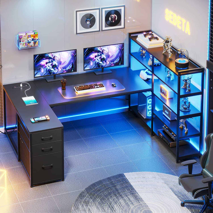 SEDETA® 64.5 Inch Reversible L Shaped Gaming Desk U Shaped Computer Desk with Power Outlet LED Lights and Storage Shelves