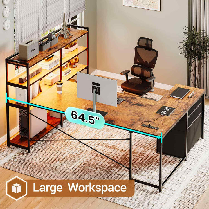 SEDETA® 64.5 Inch Reversible L Shaped Gaming Desk U Shaped Computer Desk with Power Outlet LED Lights and Storage Shelves
