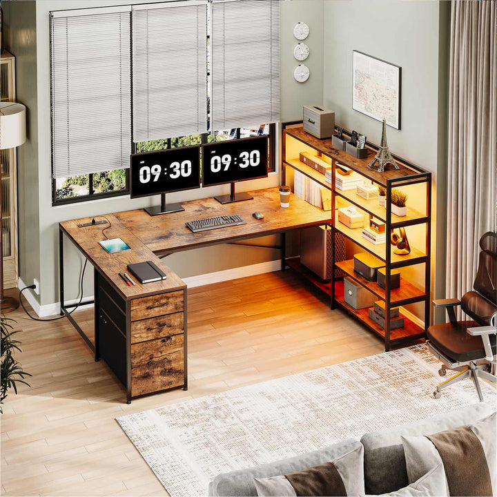 SEDETA® 64.5 Inch Reversible L Shaped Gaming Desk U Shaped Computer Desk with Power Outlet LED Lights and Storage Shelves