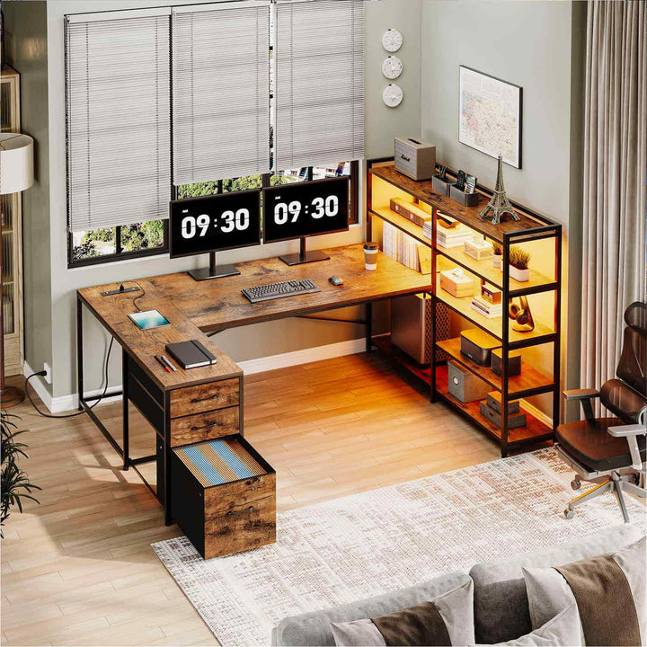 SEDETA® 64.5 Inch Reversible L Shaped Gaming Desk U Shaped Computer Desk with Power Outlet LED Lights and Storage Shelves