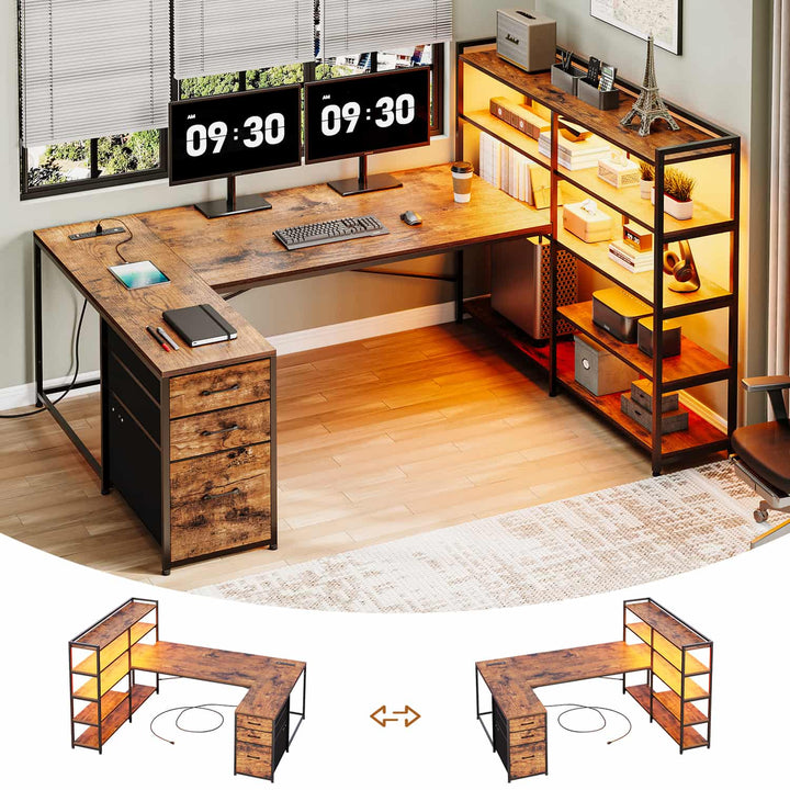 SEDETA® 64.5 Inch Reversible L Shaped Gaming Desk U Shaped Computer Desk with Power Outlet LED Lights and Storage Shelves