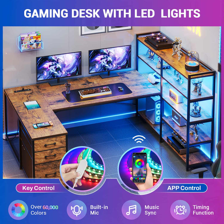 SEDETA® 64.5 Inch Reversible L Shaped Gaming Desk U Shaped Computer Desk with Power Outlet LED Lights and Storage Shelves