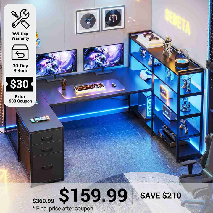 SEDETA® 64.5 Inch Reversible L Shaped Gaming Desk U Shaped Computer Desk with Power Outlet LED Lights and Storage Shelves