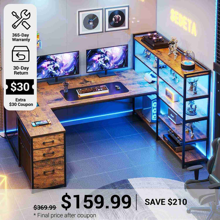 SEDETA® 64.5 Inch Reversible L Shaped Gaming Desk U Shaped Computer Desk with Power Outlet LED Lights and Storage Shelves