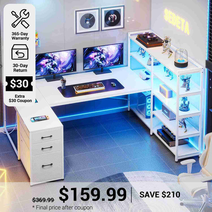 SEDETA® 64.5 Inch Reversible L Shaped Gaming Desk U Shaped Computer Desk with Power Outlet LED Lights and Storage Shelves