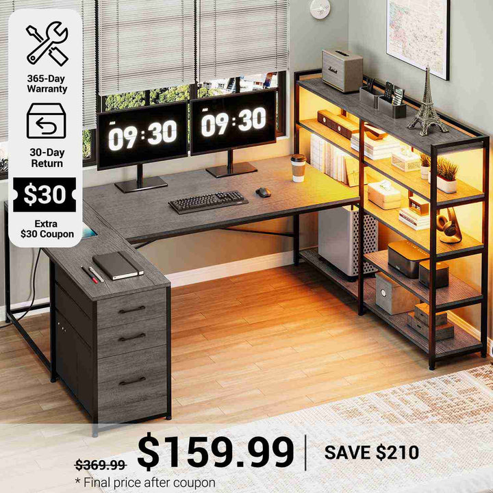 SEDETA® 64.5 Inch Reversible L Shaped Gaming Desk U Shaped Computer Desk with Power Outlet LED Lights and Storage Shelves