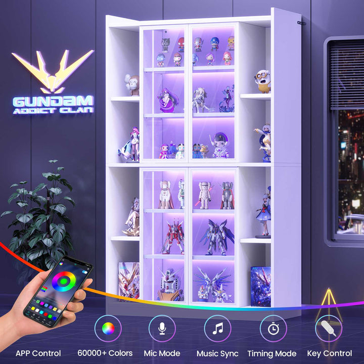 SEDETA 64 Inch Display Cabinet with Glass Doors 6 Tier Tall Bookcase with LED Lights Curio Cabinet with Adjustable Shelves