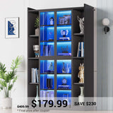 SEDETA | 64 Inch Bookcase with LED Lights Display Cabinet for Collectibles with Glass Doors Adjustable Storage Shelves
