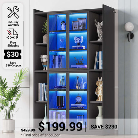 SEDETA 64 Inch Display Cabinet with Glass Doors 6 Tier Tall Bookcase with LED Lights Curio Cabinet with Adjustable Shelves