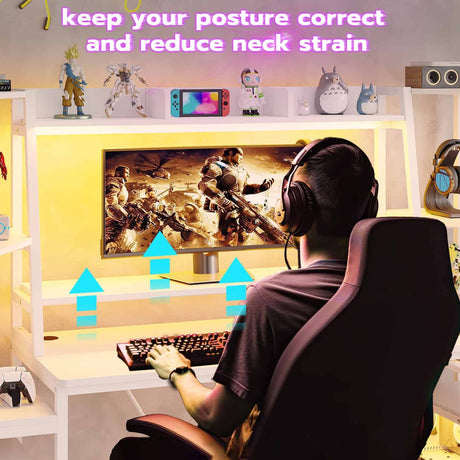 SEDETA - 65.7 Inch LED Ergonomic Gaming Desk Computer Table Workstation with Storage Shelves