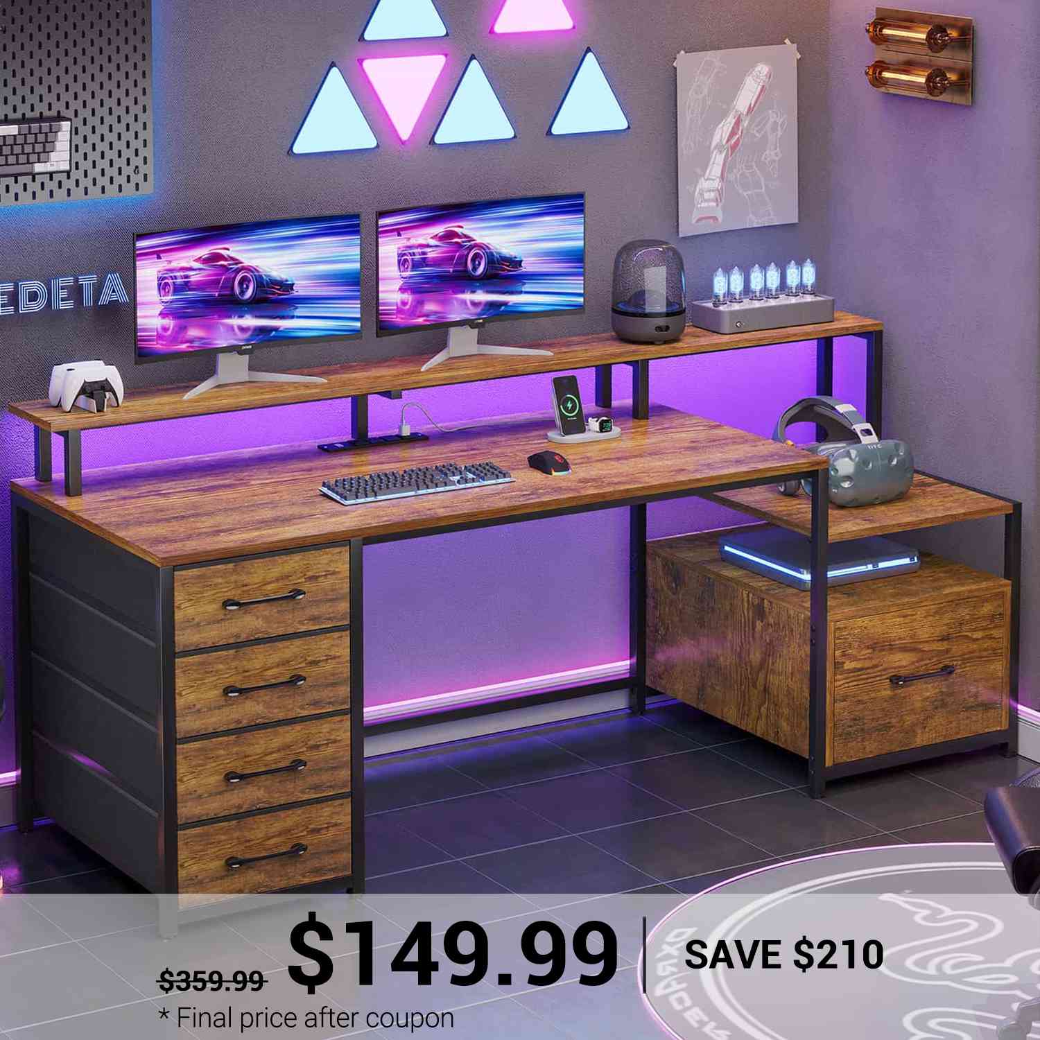 Utun 66 Computer SEDETA | 66 Inch Computer and Gaming Desk with 5 Drawers and Printer C