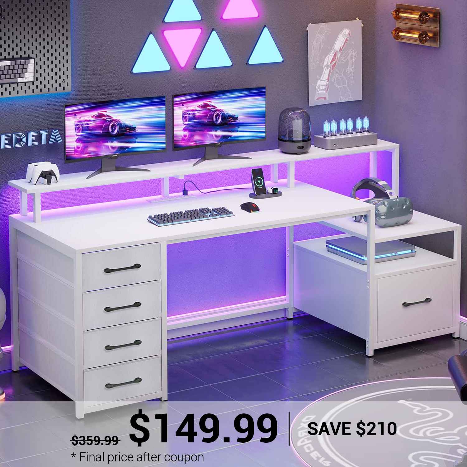 Utun 66 Computer SEDETA | 66 Inch Computer and Gaming Desk with 5 Drawers and Printer C