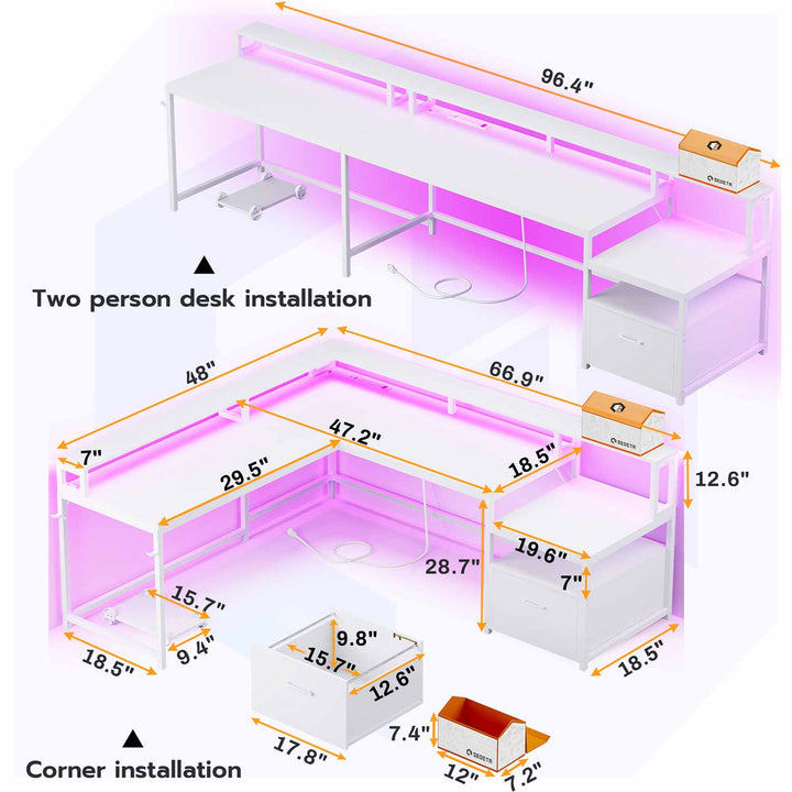 SEDETA® 66 Inch L Shaped LED Gaming Desk Home Office Corner Computer Table with Storage Shelves