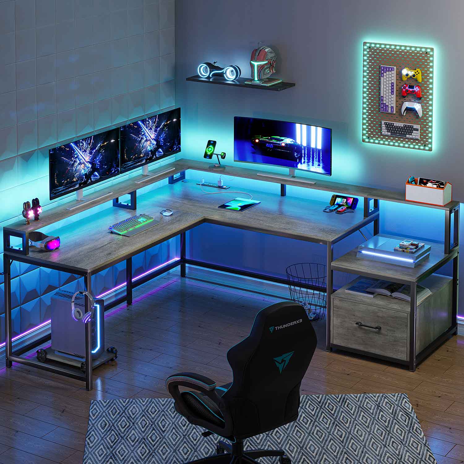 SEDETA 66 Inch L Shaped Gaming Desk Two Person Desk with Led Lights