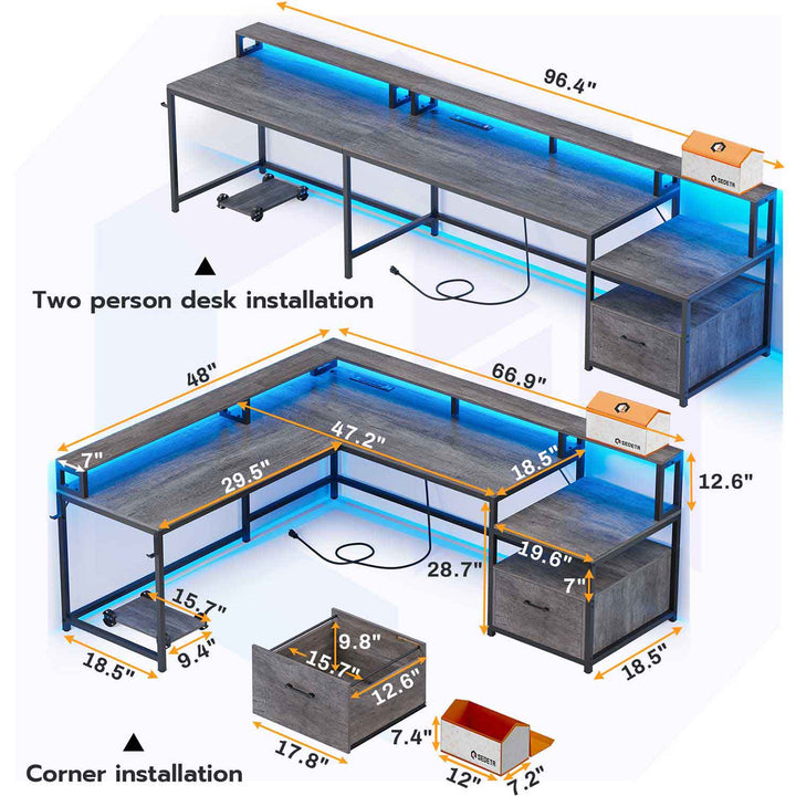 SEDETA - 66 Inch Corner L Shaped Computer Desk Office Desk Gaming Table with Led Lights File Drawer Power Outlet Monitor Shelf Printer Storage Shelves