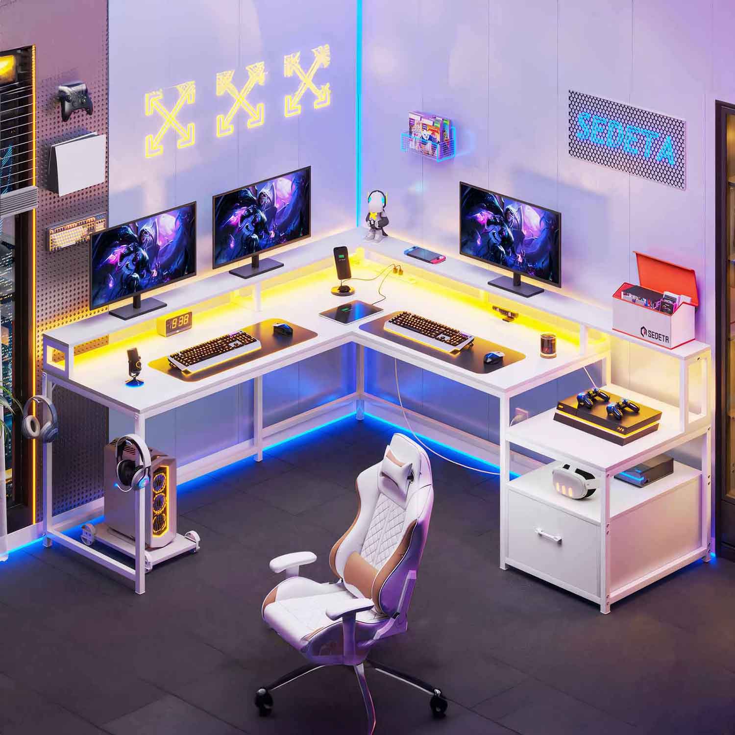 SEDETA | 66 Inch L Shaped Corner LED Gaming Computer Desk with File Dr