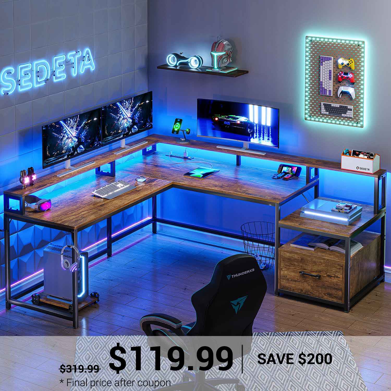 SEDETA | 66 Inch L Shaped Corner LED Gaming Computer Desk with File Dr