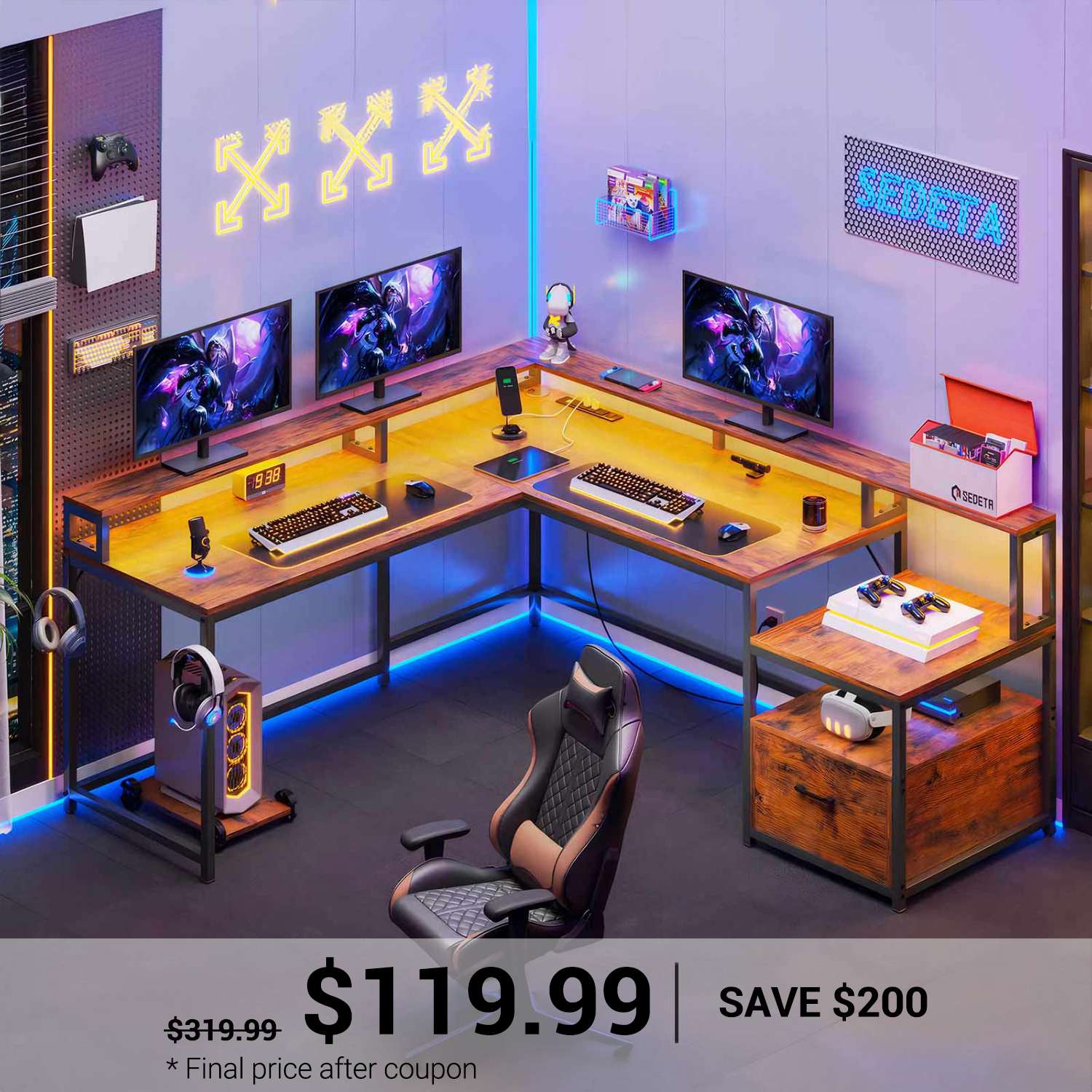 SEDETA | 66 Inch L Shaped Corner LED Gaming Computer Desk with File Dr