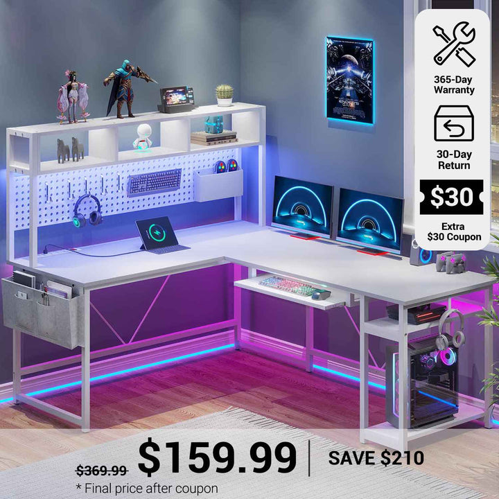 SEDETA® 67 Inch LED Gaming Desk Reversible L Shaped Computer Desk with Power Outlet Pegboard Storage Bag for Home Office